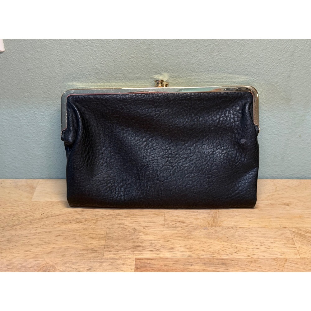 Vintage Style Black Pebbled Kiss Lock Clutch Wallet Gold Hardware Floral Lining